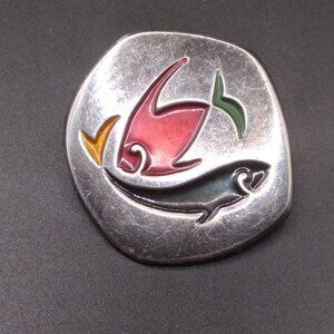 Vintage Modernist Brooch Pendant Sterling Silver Multicolor Fish Enamel Israel